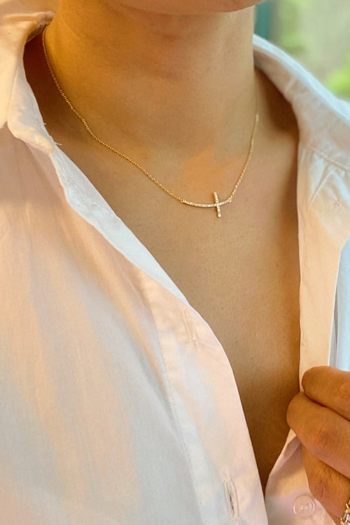 Gold Plated Cross Necklace with Side Detail – 16" Chain, Lead & Nickel Free