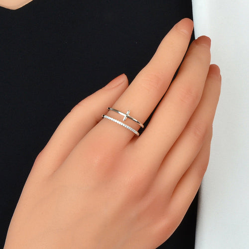 Rhinestone Hollow Cross Open Cuff Bangle – Silver, Adjustable 1.8cm Diameter