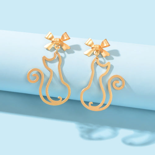 Kawaii Cat Bow Tie Dangle Earrings – Hollow Aesthetic Design, Black & Gold
