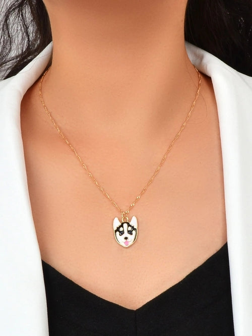 Gold Link Chain Necklace with Black & White Enamel Dog Charm – 43.5–49cm