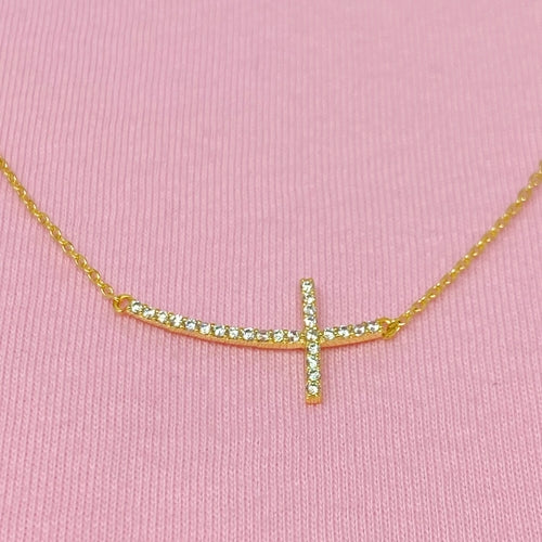Gold Plated Cross Necklace with Side Detail – 16" Chain, Lead & Nickel Free