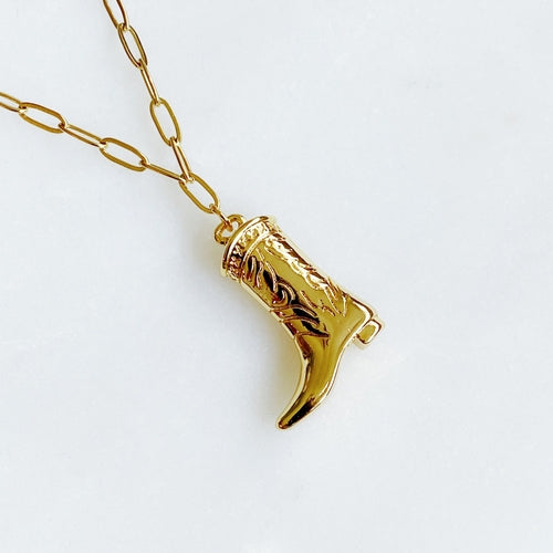 Gold Plated Cowgirl Boot Pendant Necklace – 16" Stainless Steel Chain, Tarnish Resistant