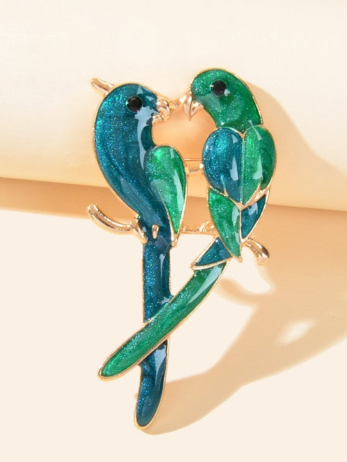 Green Love Birds Brooch Lapel Pin – Animal Scarf Clip, 3x5.9cm
