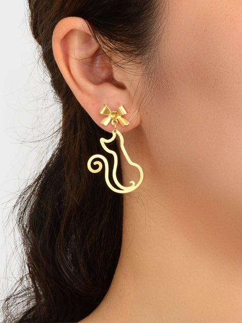 Kawaii Cat Bow Tie Dangle Earrings – Hollow Aesthetic Design, Black & Gold