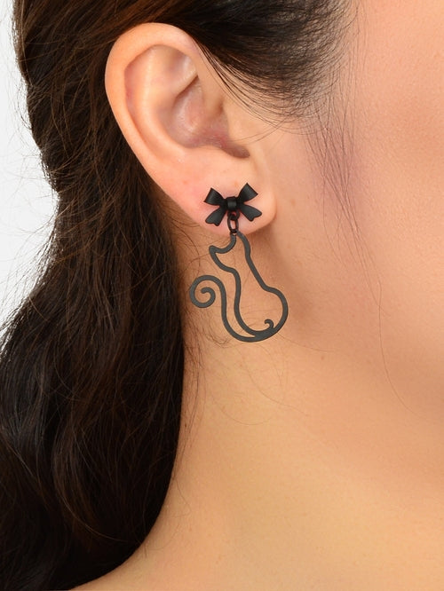 Kawaii Cat Bow Tie Dangle Earrings – Hollow Aesthetic Design, Black & Gold