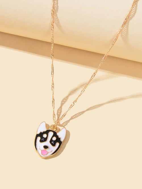 Gold Link Chain Necklace with Black & White Enamel Dog Charm – 43.5–49cm