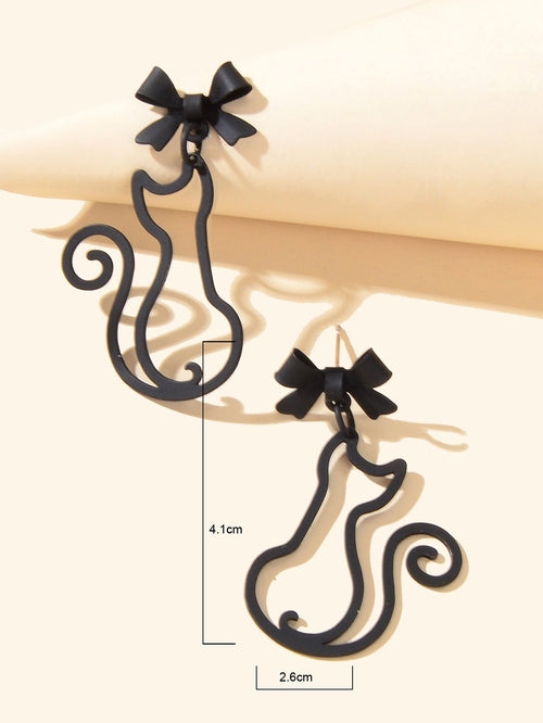 Kawaii Cat Bow Tie Dangle Earrings – Hollow Aesthetic Design, Black & Gold