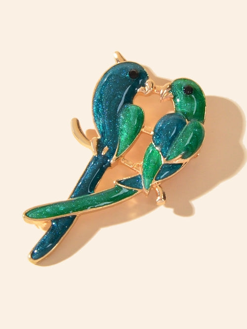 Green Love Birds Brooch Lapel Pin – Animal Scarf Clip, 3x5.9cm