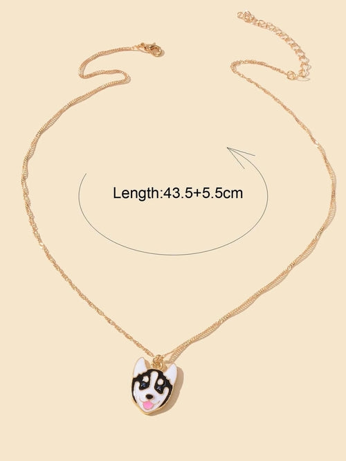 Gold Link Chain Necklace with Black & White Enamel Dog Charm – 43.5–49cm