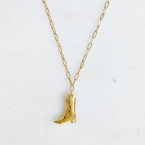 Gold Plated Cowgirl Boot Pendant Necklace – 16" Stainless Steel Chain, Tarnish Resistant