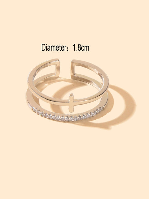 Rhinestone Hollow Cross Open Cuff Bangle – Silver, Adjustable 1.8cm Diameter