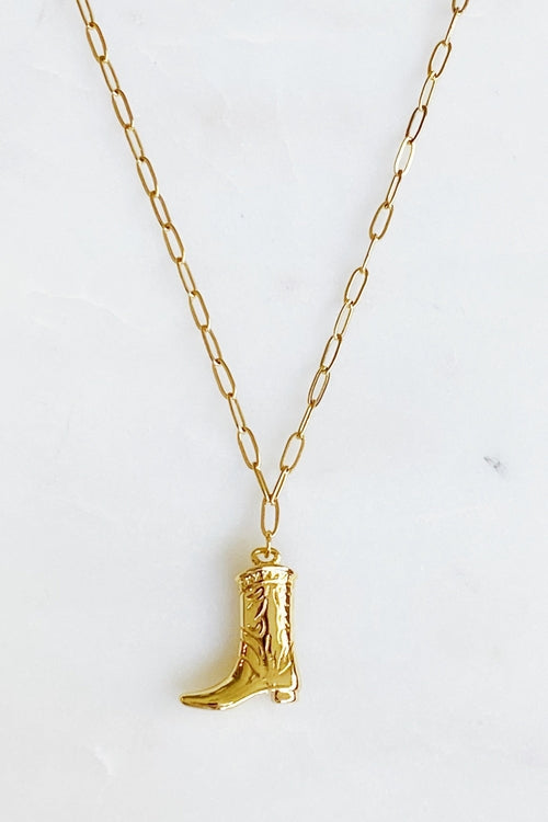 Gold Plated Cowgirl Boot Pendant Necklace – 16" Stainless Steel Chain, Tarnish Resistant