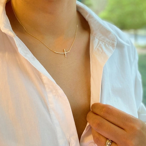 Gold Plated Cross Necklace with Side Detail – 16" Chain, Lead & Nickel Free
