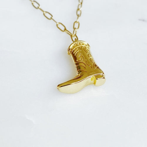 Gold Plated Cowgirl Boot Pendant Necklace – 16" Stainless Steel Chain, Tarnish Resistant