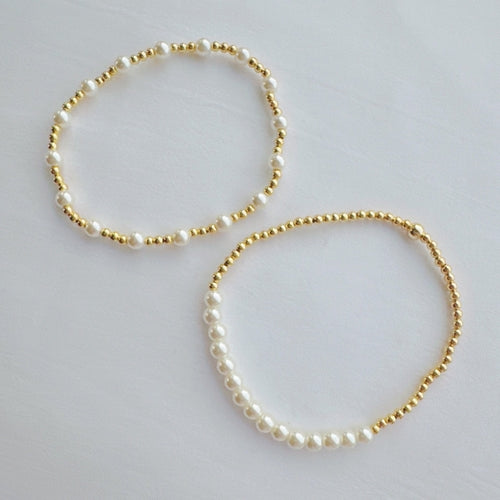 Pearl & Gold Stretch Bracelet Set of 2 – 18K Gold Plated Brass, Glass Pearls