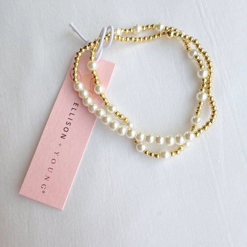 Pearl & Gold Stretch Bracelet Set of 2 – 18K Gold Plated Brass, Glass Pearls