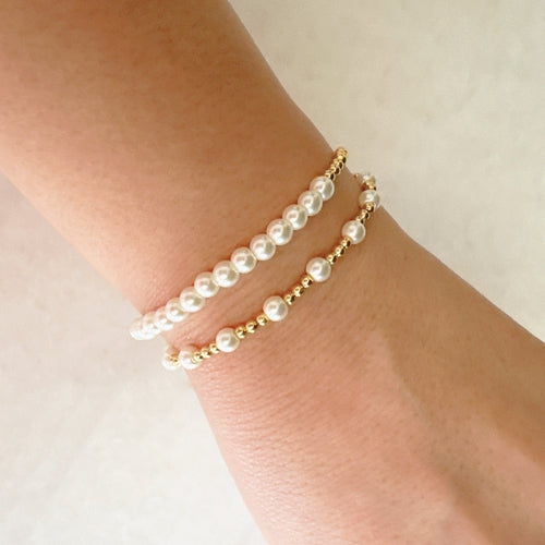 Pearl & Gold Stretch Bracelet Set of 2 – 18K Gold Plated Brass, Glass Pearls